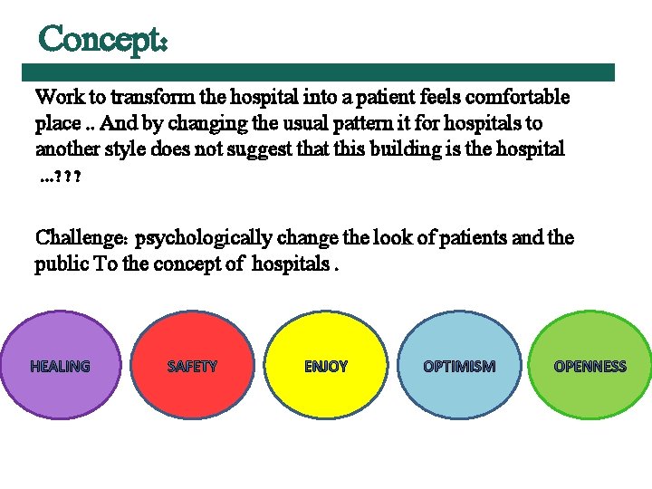 Concept: Work to transform the hospital into a patient feels comfortable place. . And