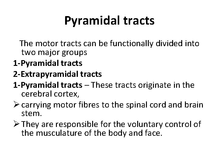 Pyramidal tracts The motor tracts can be functionally divided into two major groups 1