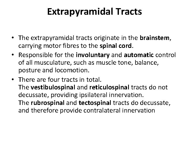 Extrapyramidal Tracts • The extrapyramidal tracts originate in the brainstem, carrying motor fibres to