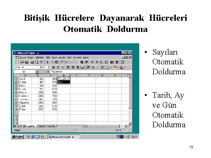 Bitişik Hücrelere Dayanarak Hücreleri Otomatik Doldurma • Sayıları Otomatik Doldurma • Tarih, Ay ve