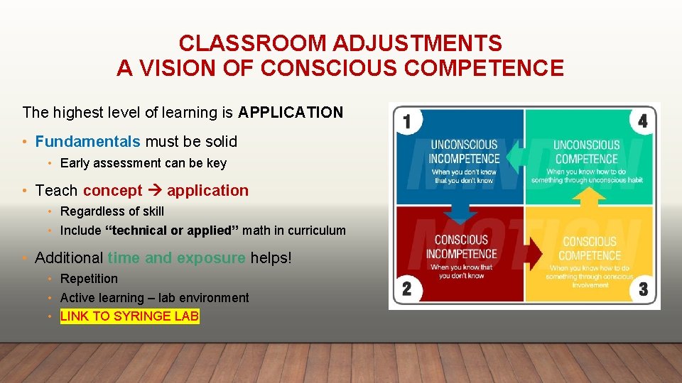 CLASSROOM ADJUSTMENTS A VISION OF CONSCIOUS COMPETENCE The highest level of learning is APPLICATION