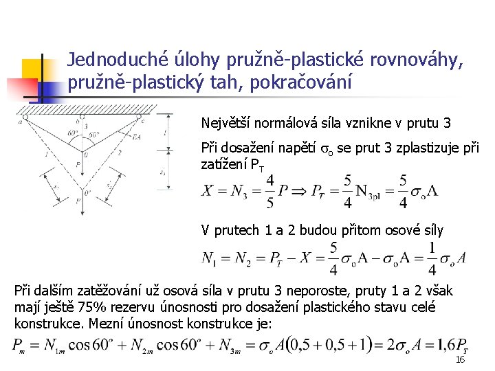 Jednoduché úlohy pružně-plastické rovnováhy, pružně-plastický tah, pokračování Největší normálová síla vznikne v prutu 3