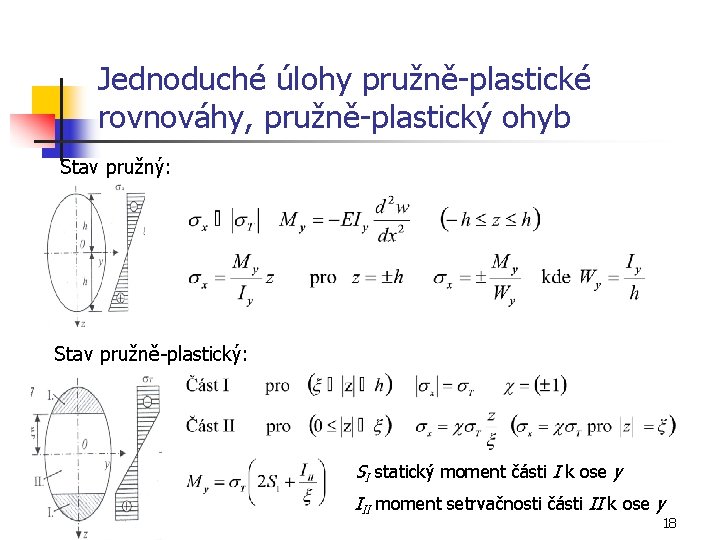 Jednoduché úlohy pružně-plastické rovnováhy, pružně-plastický ohyb Stav pružný: Stav pružně-plastický: SI statický moment části