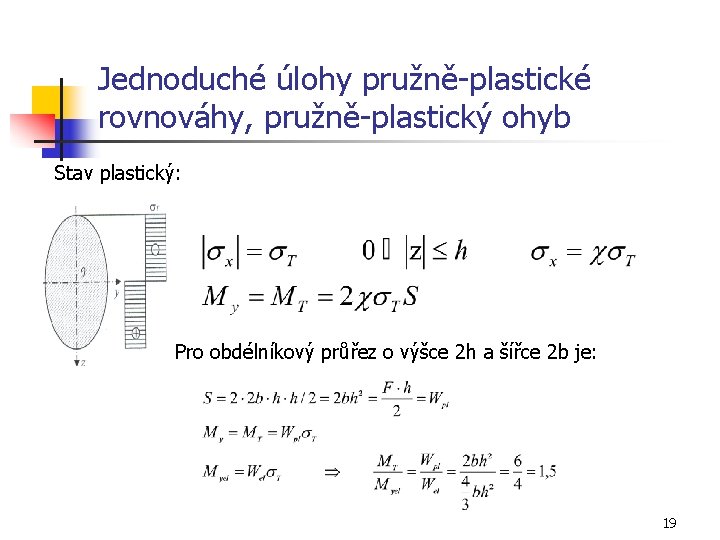 Jednoduché úlohy pružně-plastické rovnováhy, pružně-plastický ohyb Stav plastický: Pro obdélníkový průřez o výšce 2