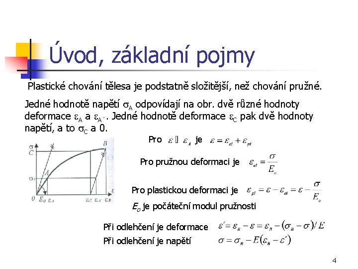 Úvod, základní pojmy Plastické chování tělesa je podstatně složitější, než chování pružné. Jedné hodnotě