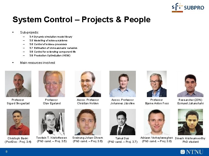 SUBPRO System Control – Projects & People • Sub-projects: – – – • 3.