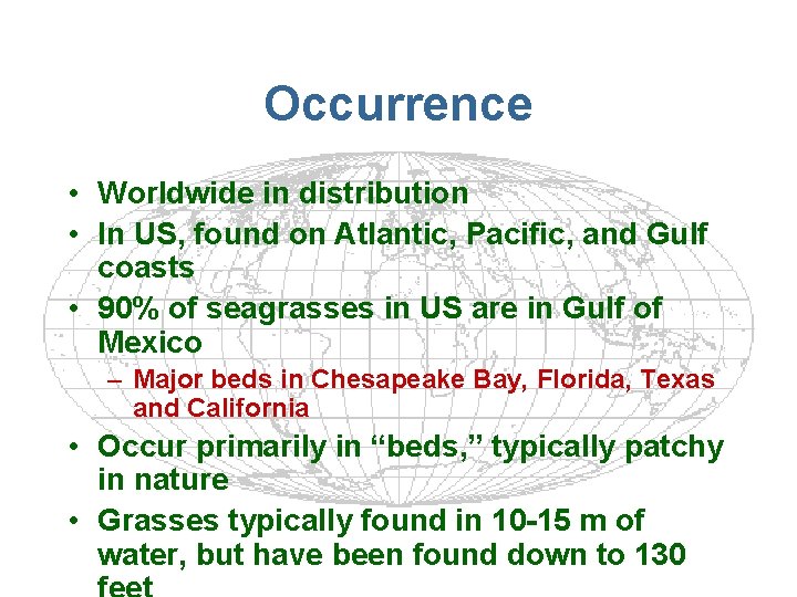 Occurrence • Worldwide in distribution • In US, found on Atlantic, Pacific, and Gulf