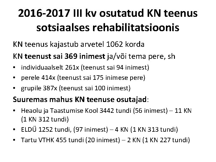 2016 -2017 III kv osutatud KN teenus sotsiaalses rehabilitatsioonis KN teenus kajastub arvetel 1062