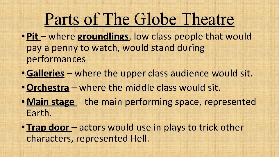 Parts of The Globe Theatre • Pit – where groundlings, low class people that