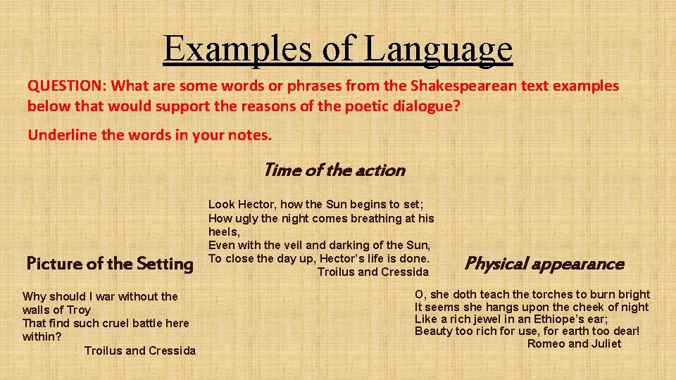 Examples of Language QUESTION: What are some words or phrases from the Shakespearean text