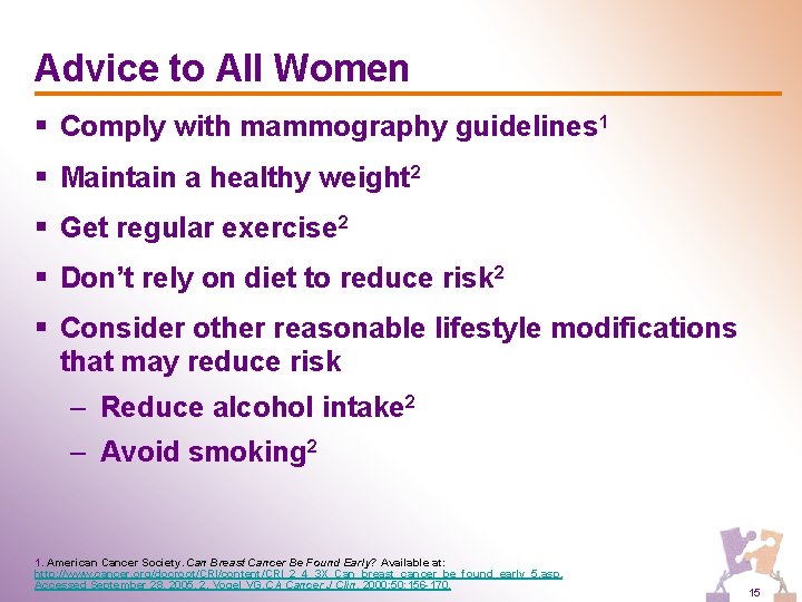 Advice to All Women § Comply with mammography guidelines 1 § Maintain a healthy
