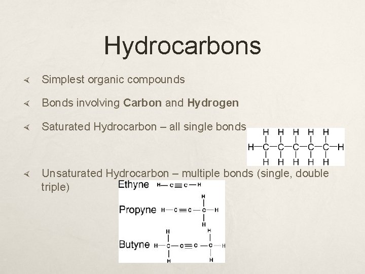 Hydrocarbons Simplest organic compounds Bonds involving Carbon and Hydrogen Saturated Hydrocarbon – all single