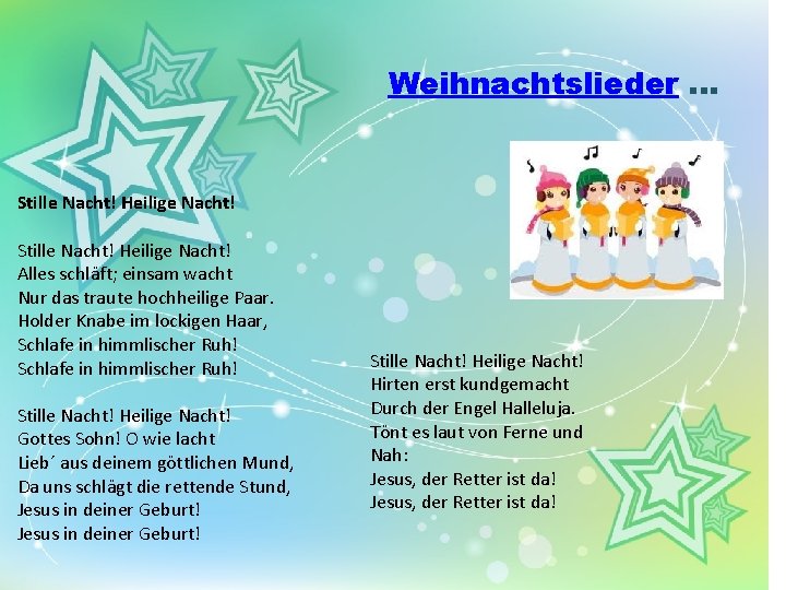 Weihnachtslieder. . . Stille Nacht! Heilige Nacht! Alles schläft; einsam wacht Nur das traute