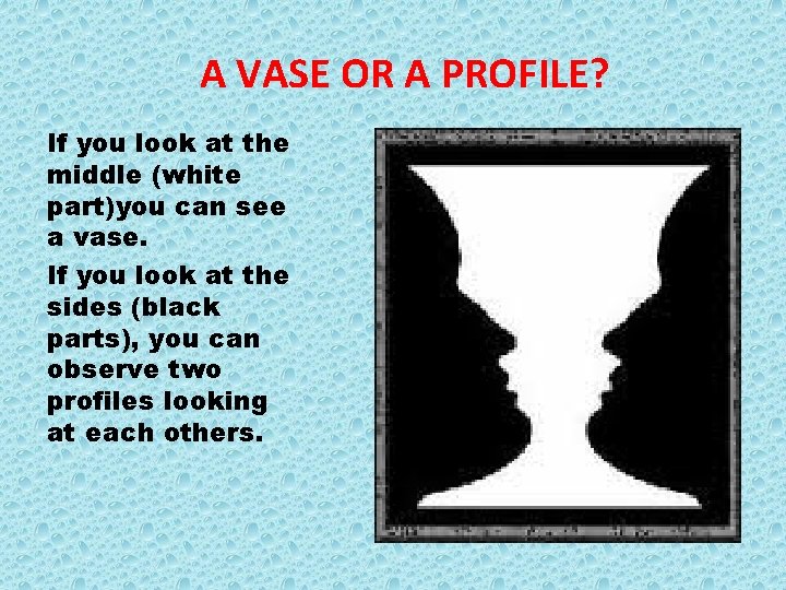 A VASE OR A PROFILE? If you look at the middle (white part)you can