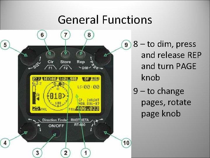 General Functions 8 – to dim, press and release REP and turn PAGE knob