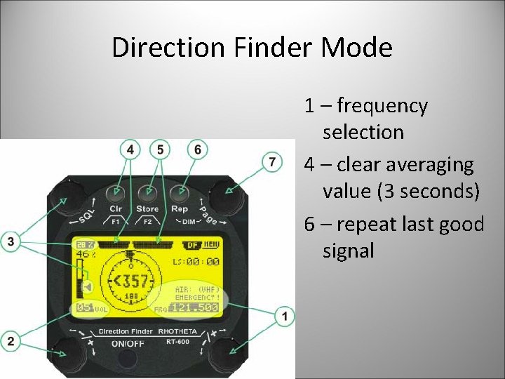 Direction Finder Mode 1 – frequency selection 4 – clear averaging value (3 seconds)