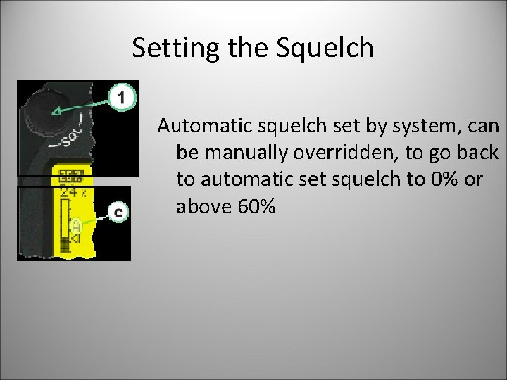 Setting the Squelch Automatic squelch set by system, can be manually overridden, to go