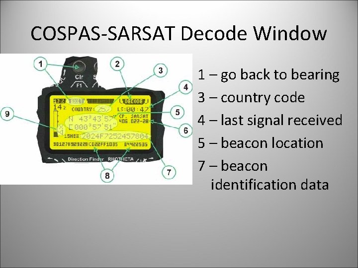 COSPAS-SARSAT Decode Window 1 – go back to bearing 3 – country code 4