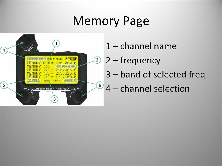 Memory Page 1 – channel name 2 – frequency 3 – band of selected