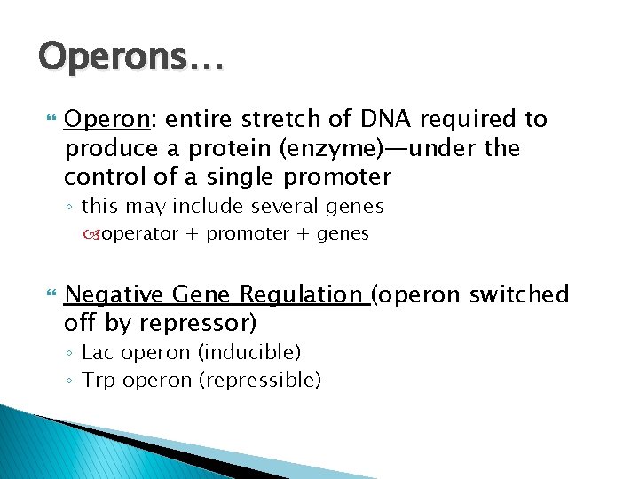 Operons… Operon: entire stretch of DNA required to produce a protein (enzyme)—under the control