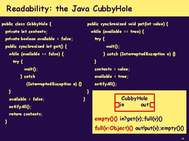 Readability: the Java Cubby. Hole public class Cubby. Hole { public synchronized void put(int