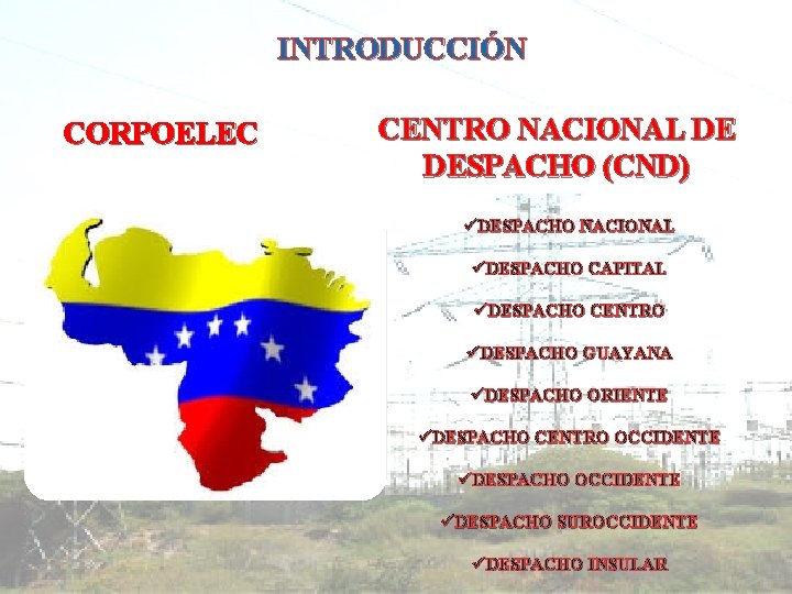 INTRODUCCIÓN CORPOELEC CENTRO NACIONAL DE DESPACHO (CND) üDESPACHO NACIONAL üDESPACHO CAPITAL üDESPACHO CENTRO üDESPACHO