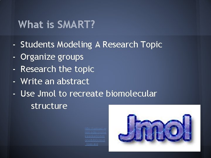 What is SMART? - Students Modeling A Research Topic Organize groups Research the topic