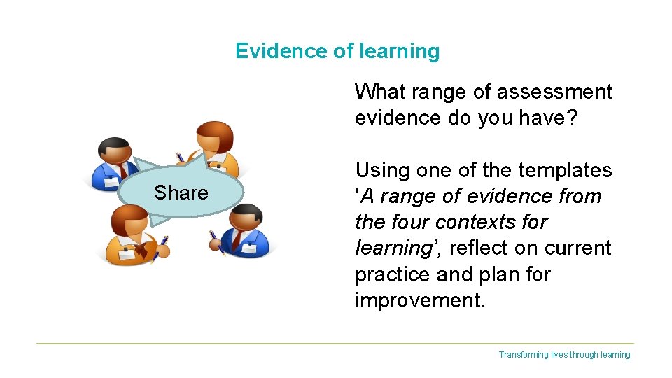 Evidence of learning What range of assessment evidence do you have? Share Using one