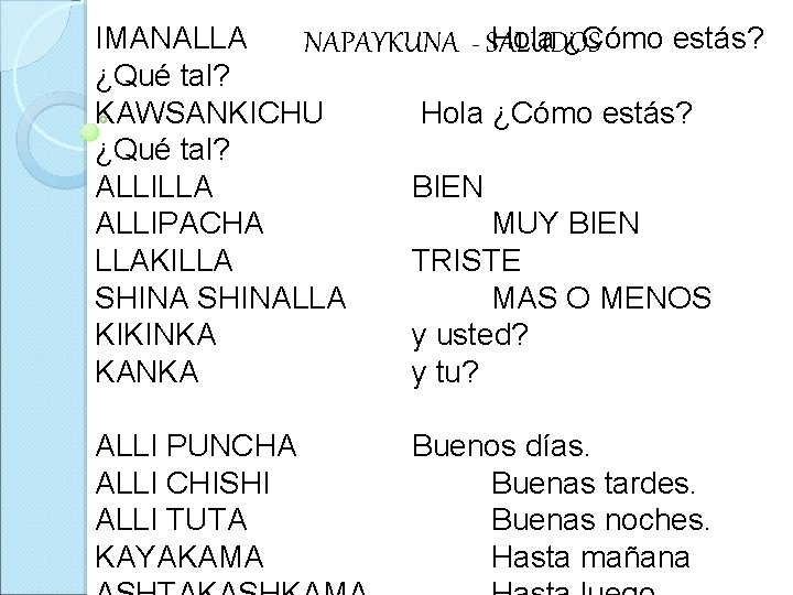 IMANALLA Hola ¿Cómo estás? NAPAYKUNA - SALUDOS ¿Qué tal? KAWSANKICHU Hola ¿Cómo estás? ¿Qué