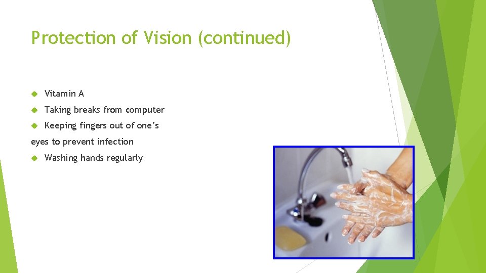 Protection of Vision (continued) Vitamin A Taking breaks from computer Keeping fingers out of
