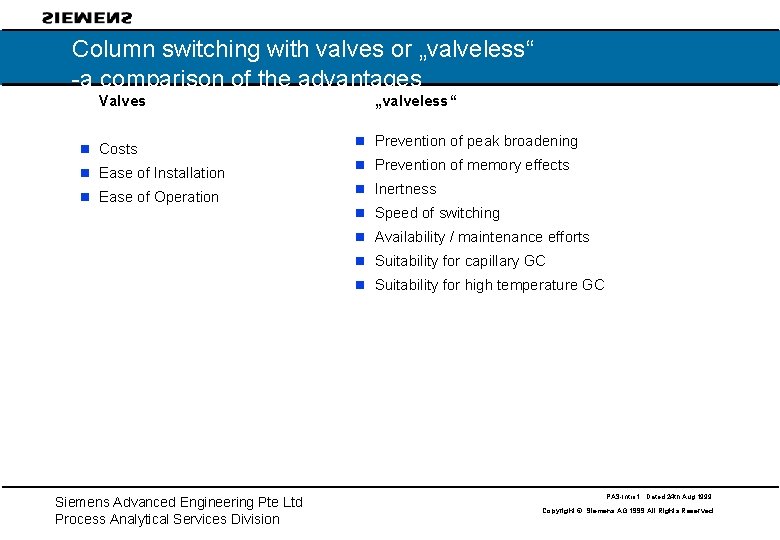 Column switching with valves or „valveless“ -a comparison of the advantages Valves n Costs Column switching with valves or „valveless“ -a comparison of the advantages Valves n Costs