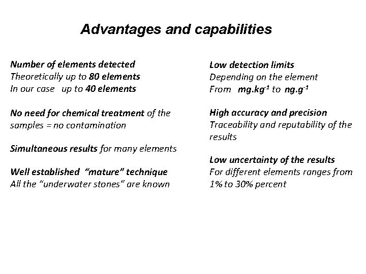 Advantages and capabilities Number of elements detected Theoretically up to 80 elements In our