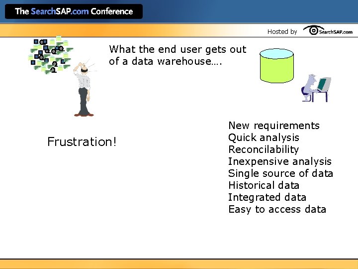 Hosted by What the end user gets out of a data warehouse…. Frustration! New