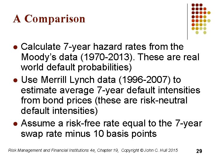 A Comparison l l l Calculate 7 -year hazard rates from the Moody’s data