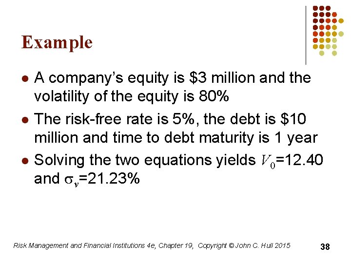 Example l l l A company’s equity is $3 million and the volatility of