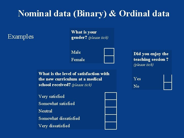 Nominal data (Binary) & Ordinal data What is your gender? (please tick) Examples Male