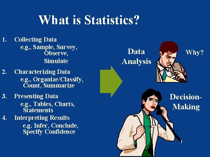 What is Statistics? 1. Collecting Data e. g. , Sample, Survey, Observe, Simulate 2.