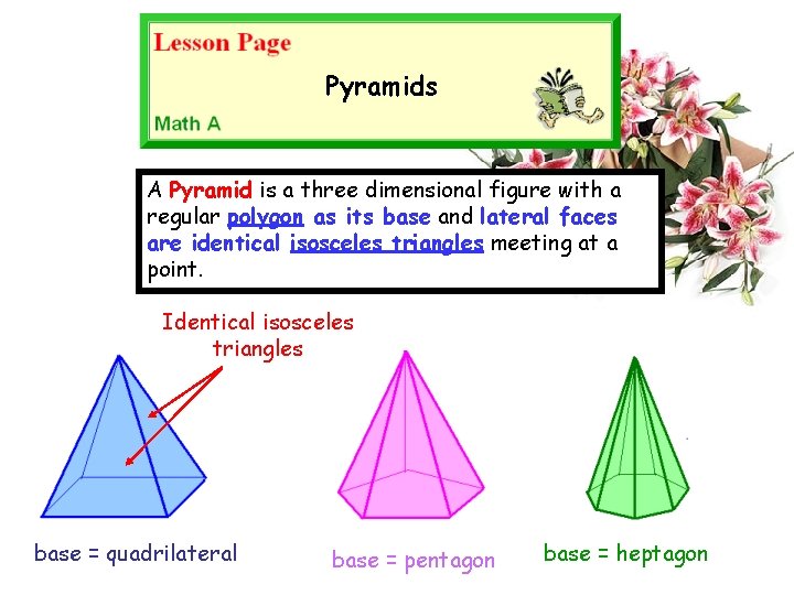 Pyramids A Pyramid is a three dimensional figure with a regular polygon as its