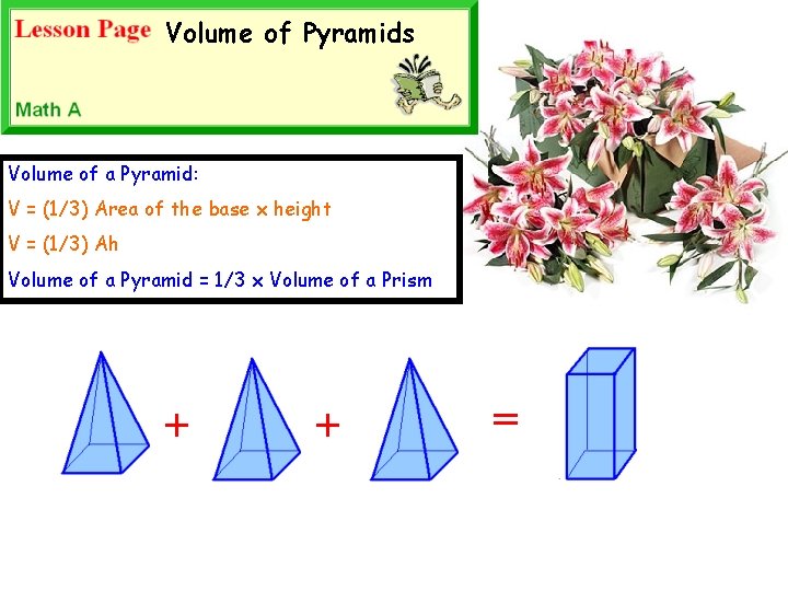 Volume of Pyramids Volume of a Pyramid: V = (1/3) Area of the base