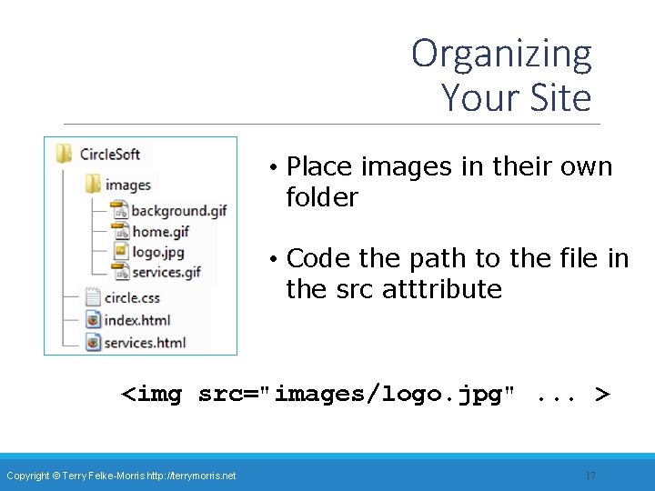 Organizing Your Site • Place images in their own folder • Code the path