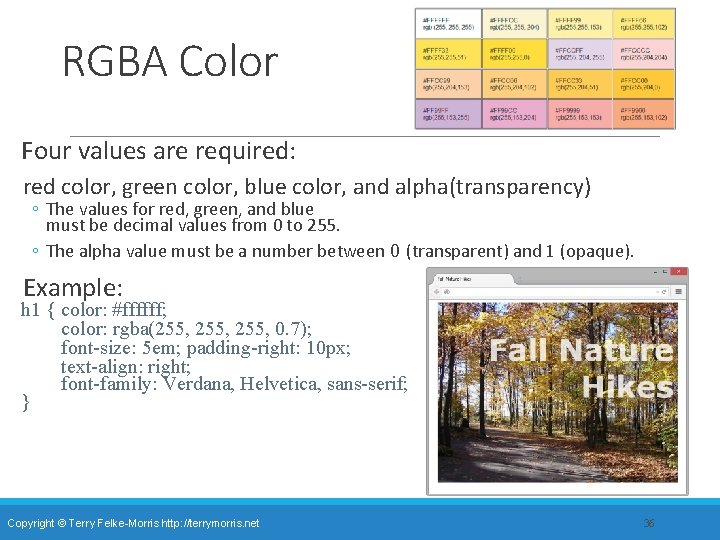 RGBA Color Four values are required: red color, green color, blue color, and alpha(transparency)