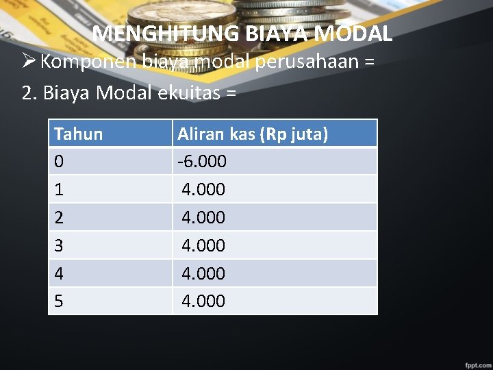 MENGHITUNG BIAYA MODAL Ø Komponen biaya modal perusahaan = 2. Biaya Modal ekuitas =