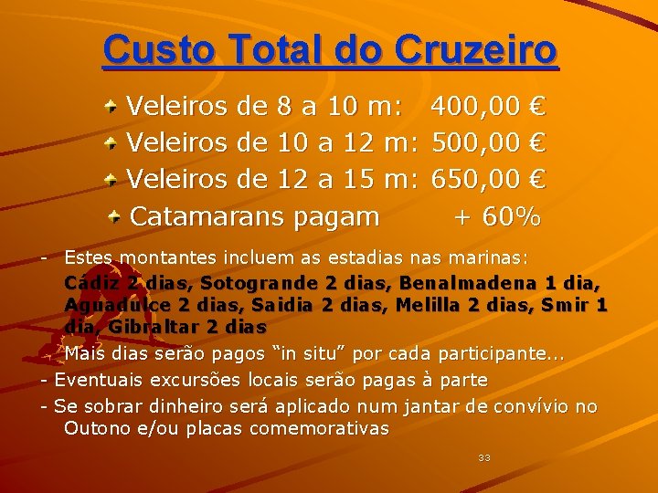 Custo Total do Cruzeiro Veleiros de 8 a 10 m: 400, 00 € Veleiros