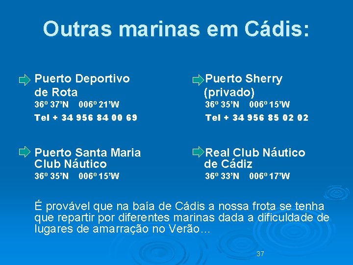 Outras marinas em Cádis: - Puerto Deportivo de Rota 36º 37’N 006º 21’W Tel