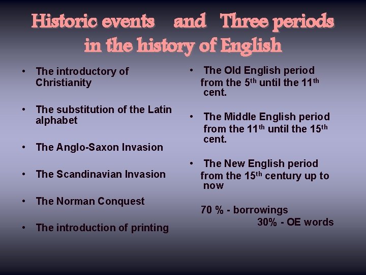 Historic events and Three periods in the history of English • The introductory of