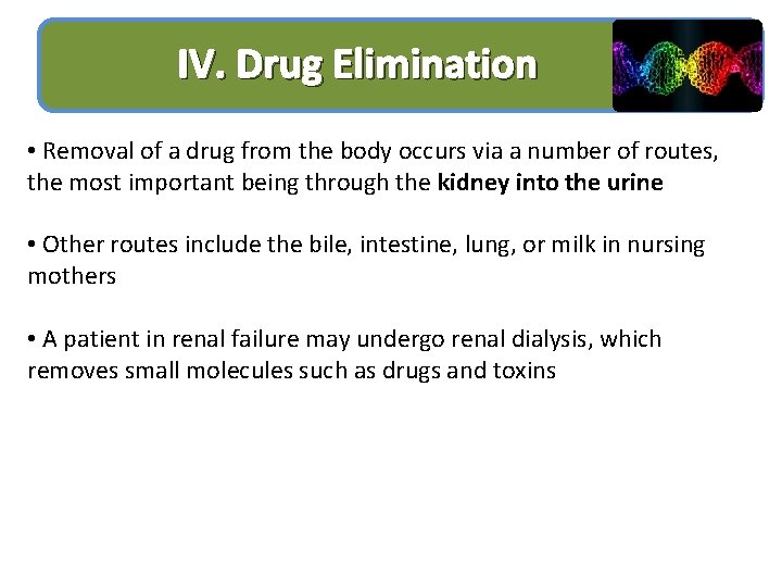 IV. Drug Elimination • Removal of a drug from the body occurs via a