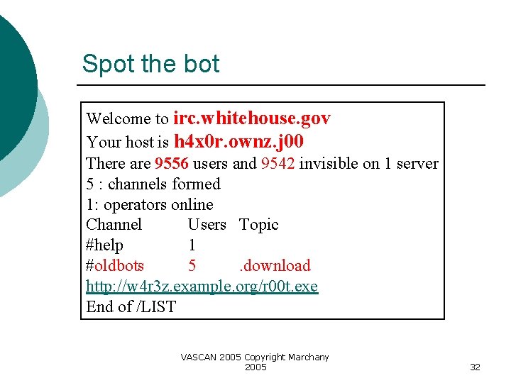 Spot the bot Welcome to irc. whitehouse. gov Your host is h 4 x