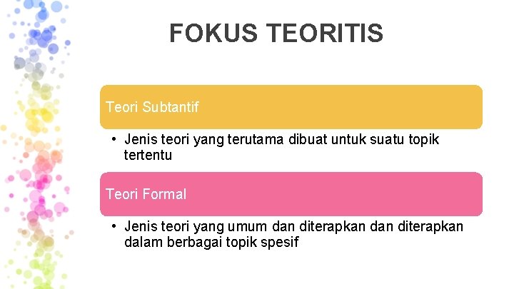 FOKUS TEORITIS Teori Subtantif • Jenis teori yang terutama dibuat untuk suatu topik tertentu