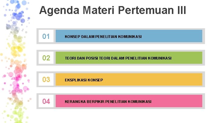 Agenda Materi Pertemuan III 01 KONSEP DALAM PENELITIAN KOMUNIKASI 02 TEORI DAN POSISI TEORI