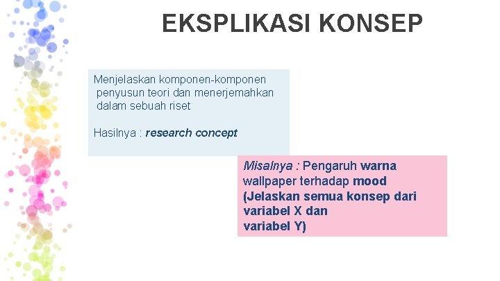 EKSPLIKASI KONSEP Menjelaskan komponen-komponen penyusun teori dan menerjemahkan dalam sebuah riset Hasilnya : research